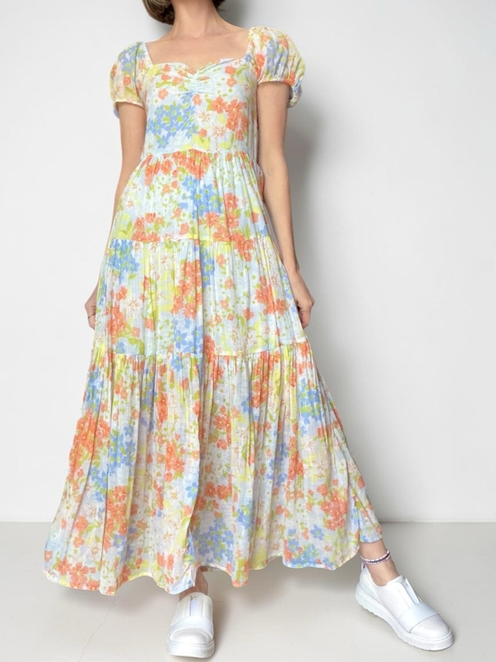 Billabong Maxi Dress Orange & Blue Floral Cotton Puff Sleeve - Picture 2 of 15